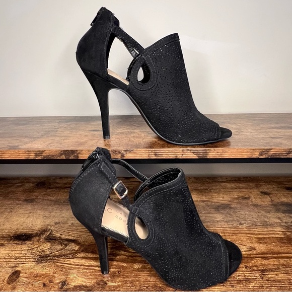 LC Lauren Conrad Black Caramel High Heel Peep Toe Laser Cut Out Ankle Womens 8.5 - Picture 2 of 13